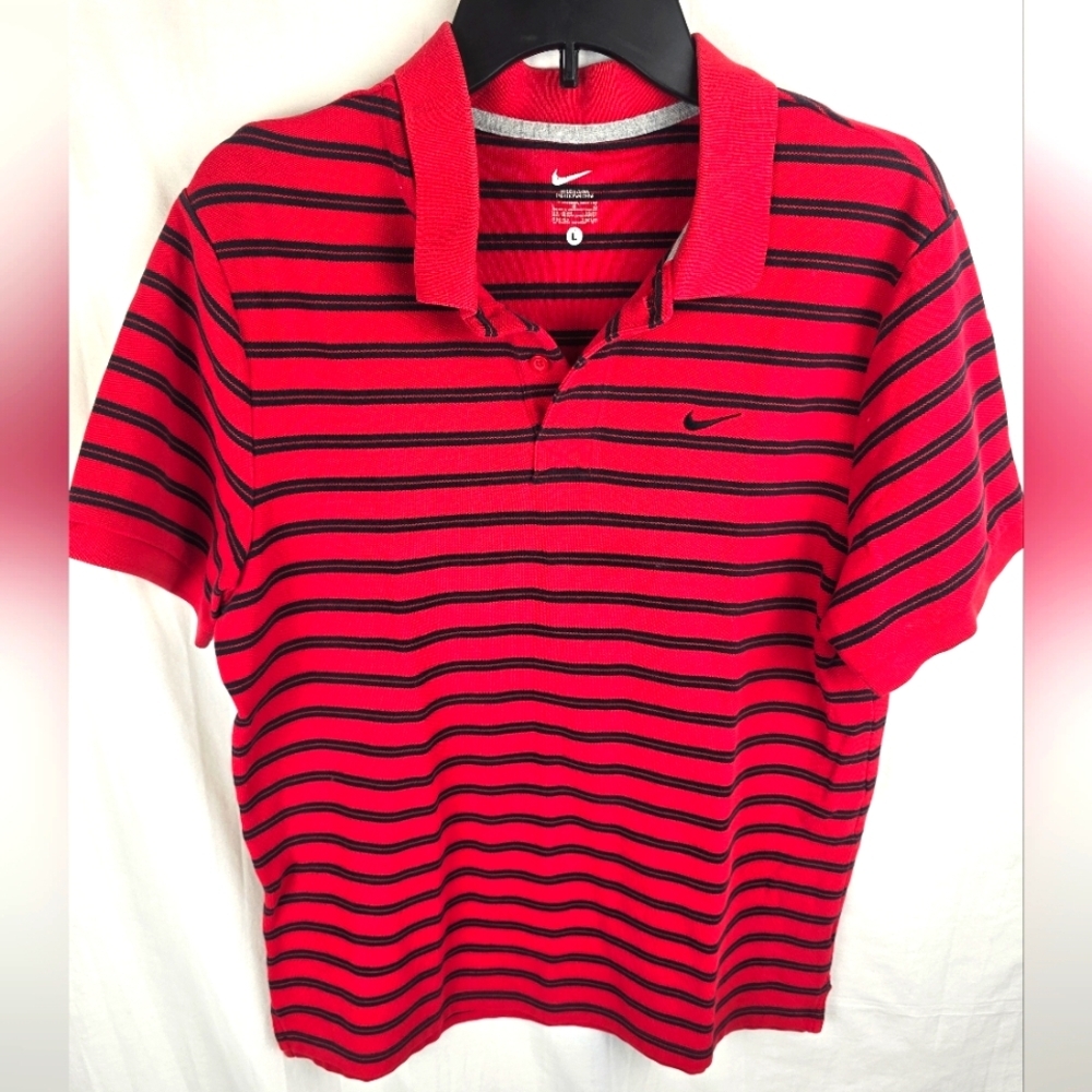 Nike Swoosh Men's Red And Black Striped Polo Short Sleeve Shirt Sz L